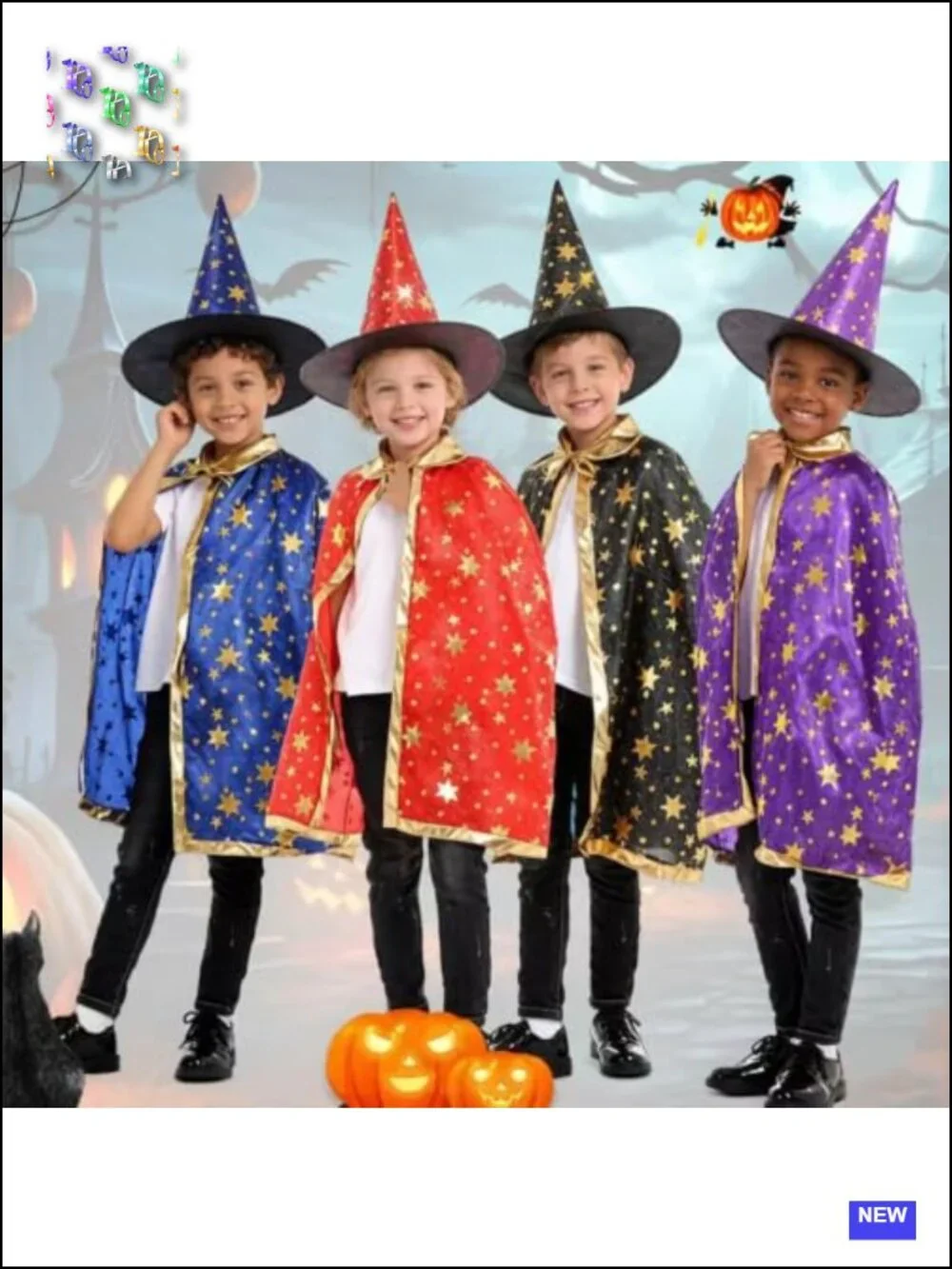 Kids Wizard Costume Cape & Hat Set Polyester Halloween Cosplay Dress Up